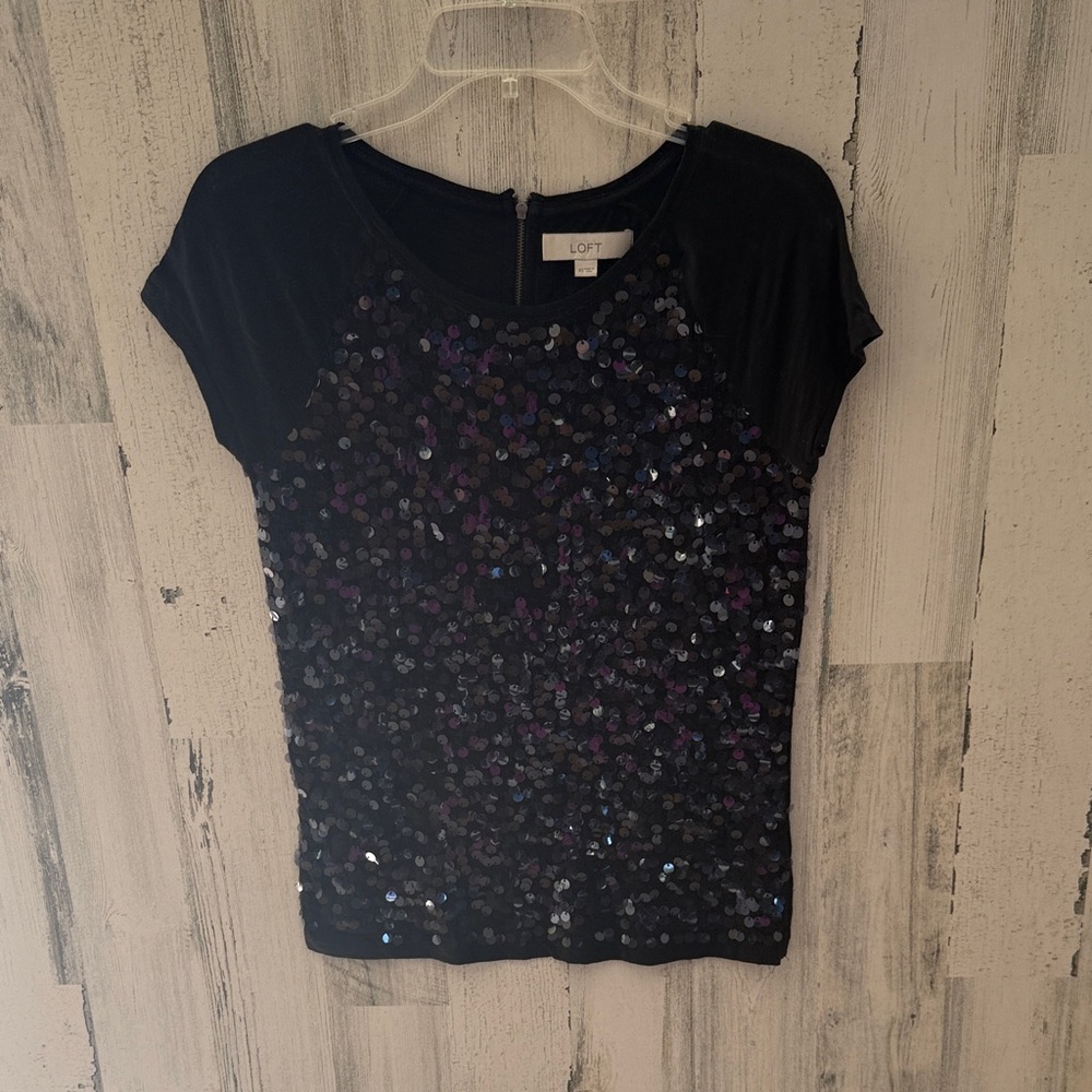 LOFT Black and Purple Sequin Short Sleeve Top